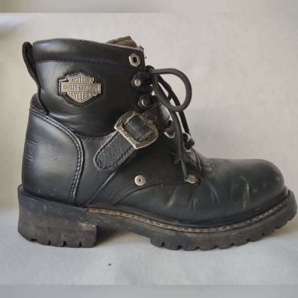 HARLEY DAVIDSON LADIES BLK LEATHER BIKER RIDING BOOTS SIZE 8 LACE & BUCKLE - Picture 3 of 12
